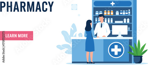 Pharmacy Counter Illustration with Pharmacist, Customer, Medicine Shelves, Computer, and Medical Symbol for Healthcare and Medication Service Concepts