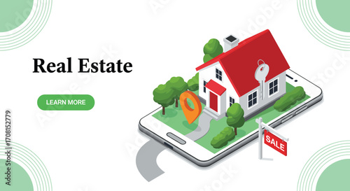 Real estate cartoon illustration, mobile property listing, house for sale, location pin vector for housing, rent, and agent content
