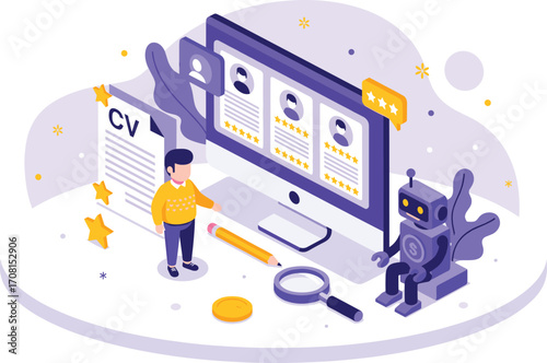 Digital Recruitment Illustration with AI Robot, Candidate Profiles, CV, Tablet, and Evaluation Icons for Modern Hiring and HR Technology Concepts