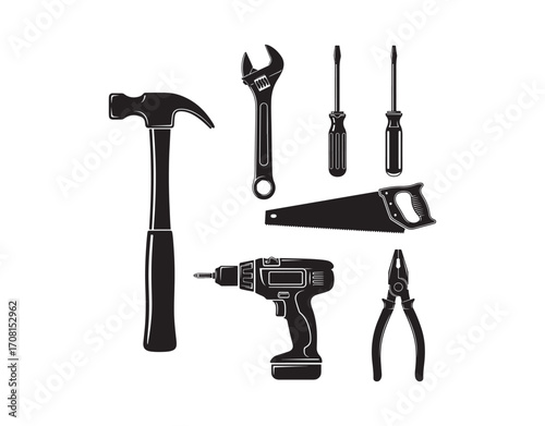 A vector illustration featuring a black composition with an isolated monochrome silhouette of a maintenance repair tool.