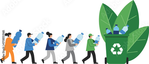 Plastic recycling cartoon illustration, group effort, eco bin, sustainability action vector for environmental awareness and waste management content