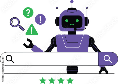 Friendly AI robot assistant with search bar, magnifying glass, rating stars, question icons, headset, and digital help interface