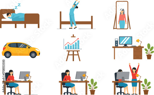 Daily routine cartoon illustration grid, woman’s workflow, sleep to success, productivity steps vector for lifestyle and time management content