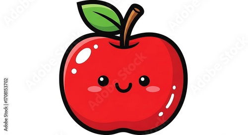 Cute cartoon red apple with a happy face and green leaf