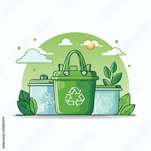 Green Recycling Bins and Tote Bag with Leaves and Sun