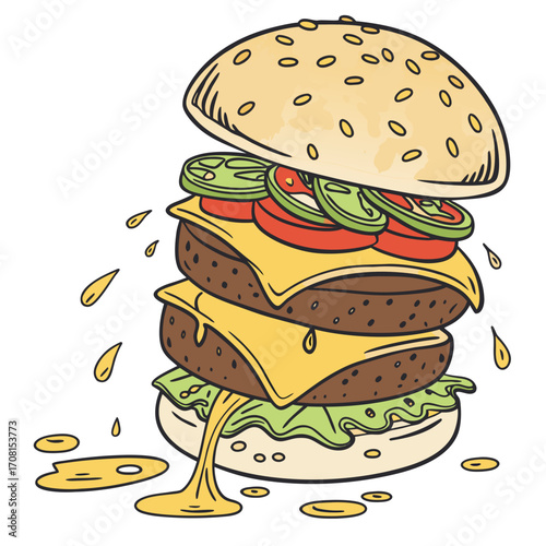 Delicious double cheeseburger with vegetables
