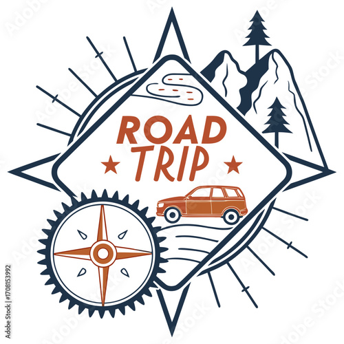 Road trip adventure logo with car, compass, and mountains