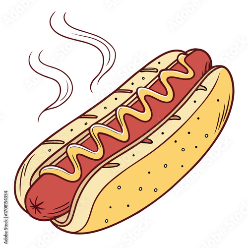 Cartoon hot dog with mustard and steam