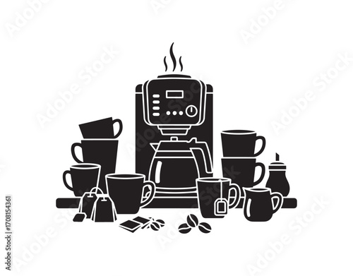 Tea stations represented as a black glyph icon. A coffee point in the office. Promote interaction among colleagues. Taking a break during work.