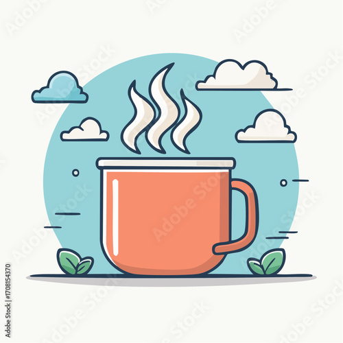 Warm Orange Mug of Coffee with Steam, Clouds, and Leaves