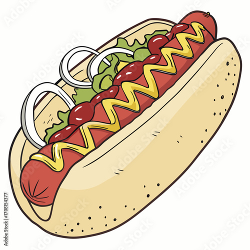 Cartoon hot dog with mustard, ketchup, onion, and lettuce