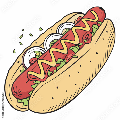 Cartoon hot dog with mustard, onion, lettuce, and tomato
