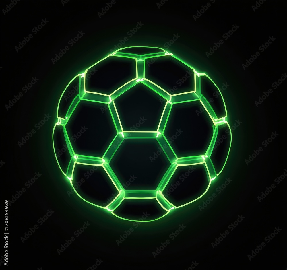 Fototapeta premium A dark-backgrounded, neon-green outlined, soccer ball with a geometric,faceted design
