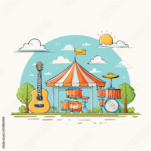 Outdoor Music Stage under Striped Tent with Guitar and Drums