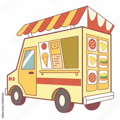 Cartoon food truck, selling pizza and ice cream