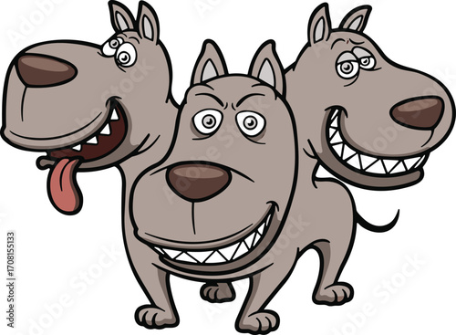 Cartoon three-headed dog, funny Cerberus character, mythological creature, vector animal illustration, goofy monster, fantasy pet, stock image design