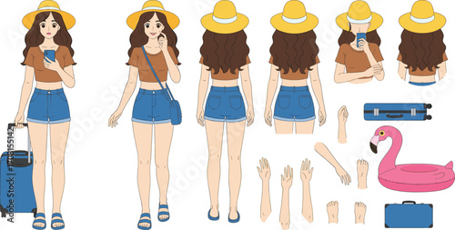 Female Vacation Character Design Sheet with Hat, Bag, Suitcase, Flamingo Float, Expressions, and Poses for Summer Travel Illustration