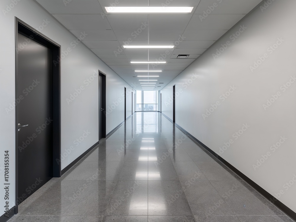 Obraz premium A long, empty modern corridor with a reflective floor, white walls, and black doors.