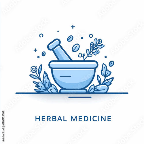 A vector icon of herbal medicine with the icons being a mortar and pestle for an apothecary, simple shapes, flat design,