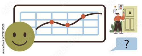 Smiling face next to a line graph with growth points, person verifying ID at locked door, and blue speech bubble with a question mark. Ideal for progress, security, identity, analysis, success