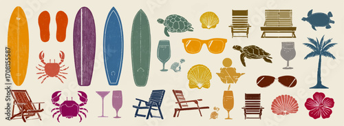 Abstract beach elements, such as surfboards and sun loungers, in various shades of orange, blue, green, purple, yellow, brown, red, white, gray, pink, and black 