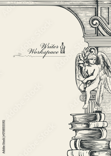 Vector banner on the theme of writers with space for text. Writer's workplace. Vintage page with hand-drawn books, typewriter, antique architecture and sitting angel.