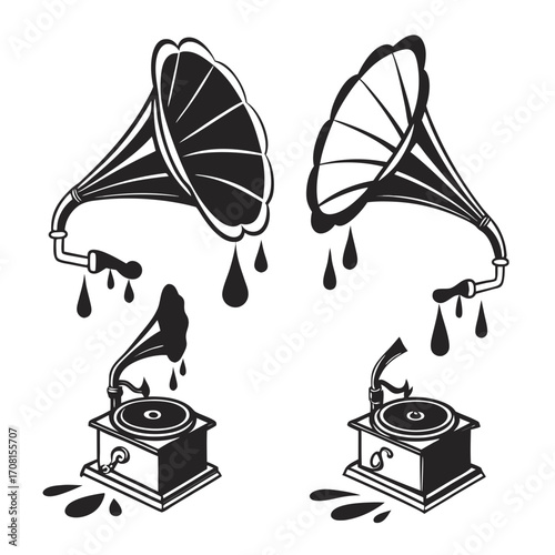 Vintage gramophone silhouette with dripping liquid