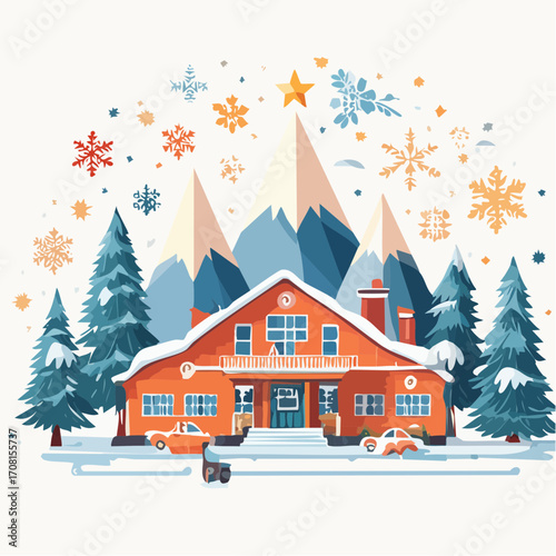 Cozy Orange Mountain Lodge in Snowy Winter Landscape
