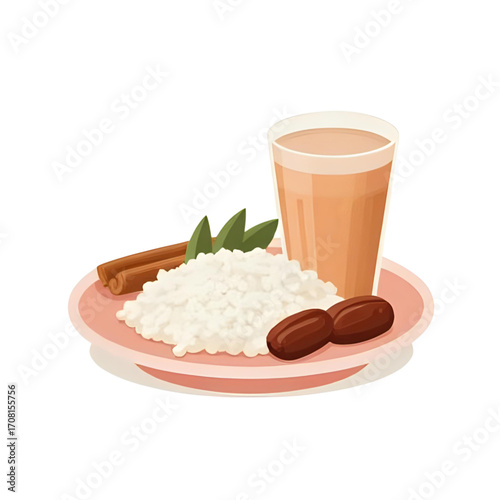 Illustration of a plate with rice, dates, cinnamon sticks, and a glass of a milky beverage.