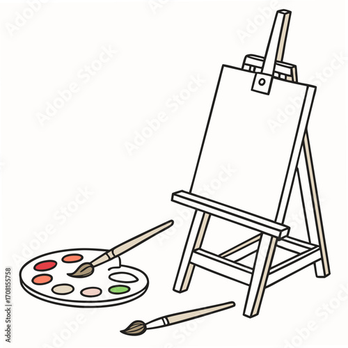 Artists easel with paint palette and brushes