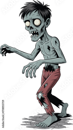 Cartoon zombie character, horror illustration, Halloween undead, scary monster, vector art, creepy design, spooky creature, tattered pants, cracked ground, eerie pose