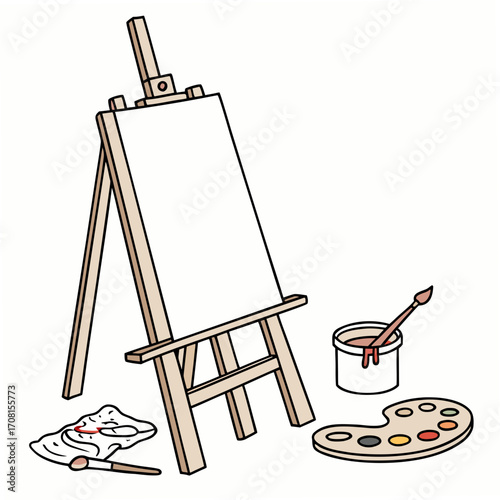 Easel with canvas, paint bucket, brush, and palette
