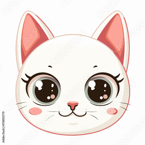 Cartoon cat face icon, round head, big eyes, pink cheeks kawaii style, white background, vector, 