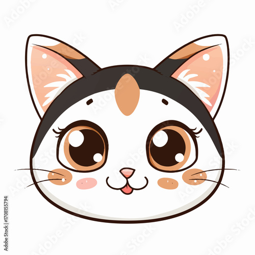 Cartoon cat face icon, round head, big eyes, pink cheeks kawaii style, white background, vector, 
