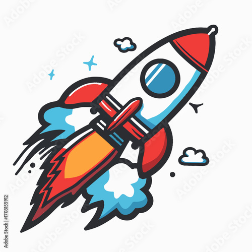 Cartoon rocket ship icon, bright red and blue colors, smoke trail, outlined in black, simple shapes, flat design clean outline, white background.