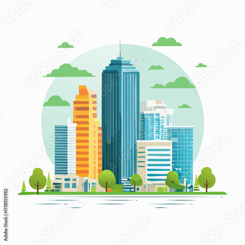 Modern City Skyline Illustration with Green Spaces
