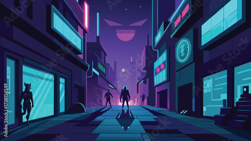 Cyberpunk alleyway neon graffiti shadows futuristic cityscape vector illustration