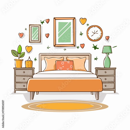 Cozy Bedroom Interior Design with Orange Bed and Wooden Furniture
