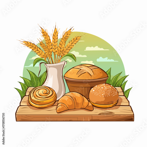 Artisan Breads and Wheat Sheaf on Wooden Table