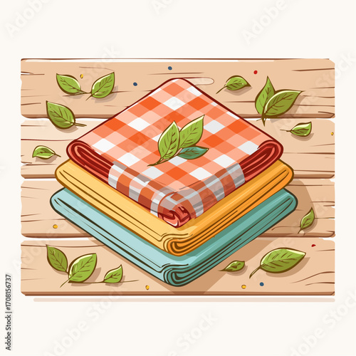 Stack of Folded Fabrics with Green Leaves on Wooden Surface