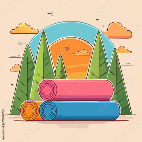 Colorful Rolled Camping Mats at Sunset in the Mountains
