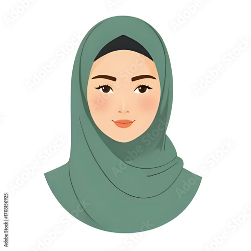 Smiling woman wearing a sage green hijab, a stylized portrait.