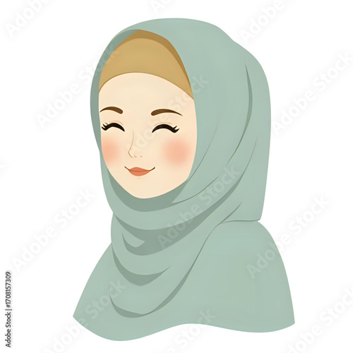Smiling woman wearing a light teal hijab, a portrait illustration.