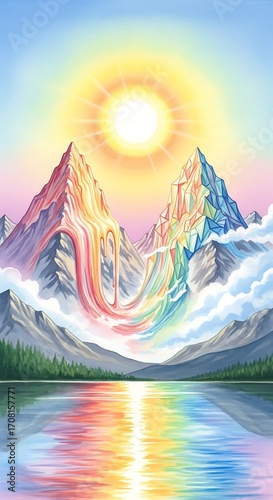 A vibrant landscape featuring two majestic mountains, one sculpted like flowing rainbow colors and the other like crystalline structures, bathed in the radiant glow of a sun.