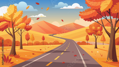 Autumn Road: Falling Leaves and Serene Landscape