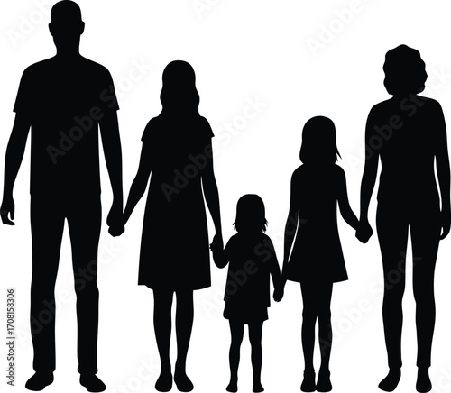 Happy Family Silhouette Holding Hands Vector Illustration,Black silhouettes of families in walk, Family silhouettes,holding hands,Silhouettes of diverse families,father children vector silhouette,Ai