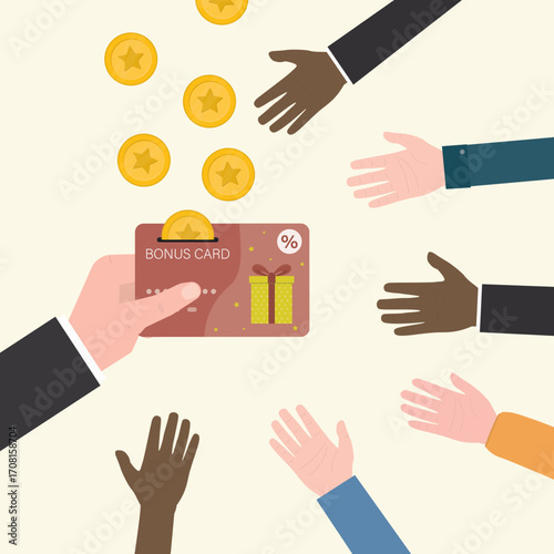 Businessman give bonus card for clients. Big sale, marketing, promotion campaign. Loyalty, cash back. Business bait, various customers want shopping