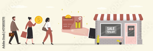 Businessman hand give bonus card from shop building. Big sale, marketing, promotion campaign. Loyalty program, cash back. Business bait, various customers goes shopping.