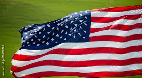 A vibrant American flag billows in the breeze, showcasing bold stripes and stars against a verdant backdrop.