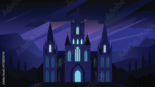 Gothic cathedral night illustration majestic architecture glowing windows vector eps scalable